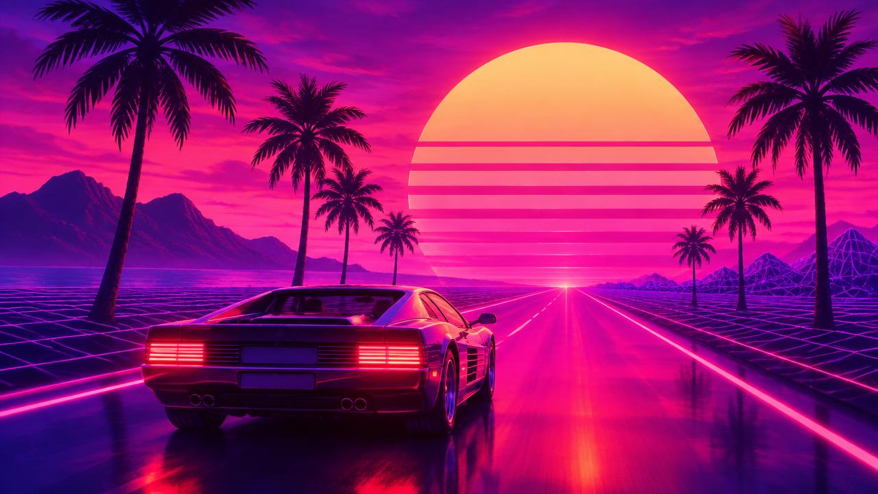 Retro 80s synthwave poster, chrome sports car driving toward a giant grid sunset, palm silhouettes