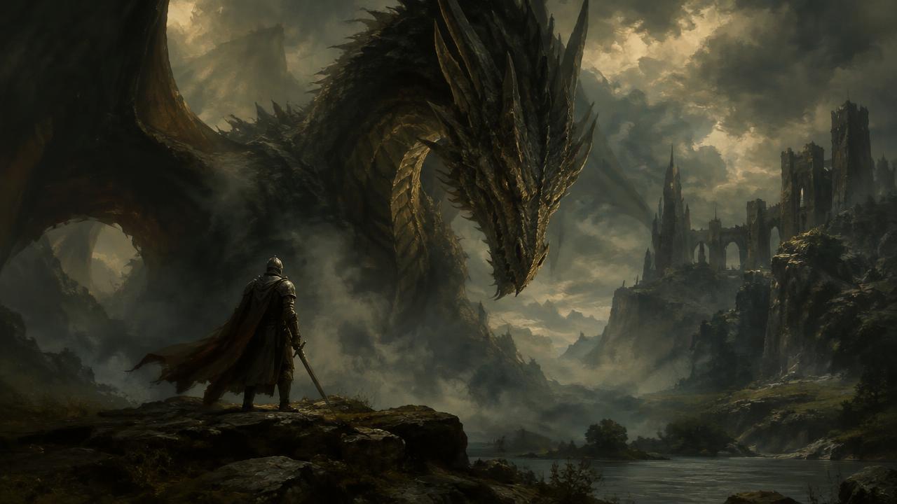 Dark fantasy oil painting of a knight before a colossal dragon in a misty mountain valley, epic scale