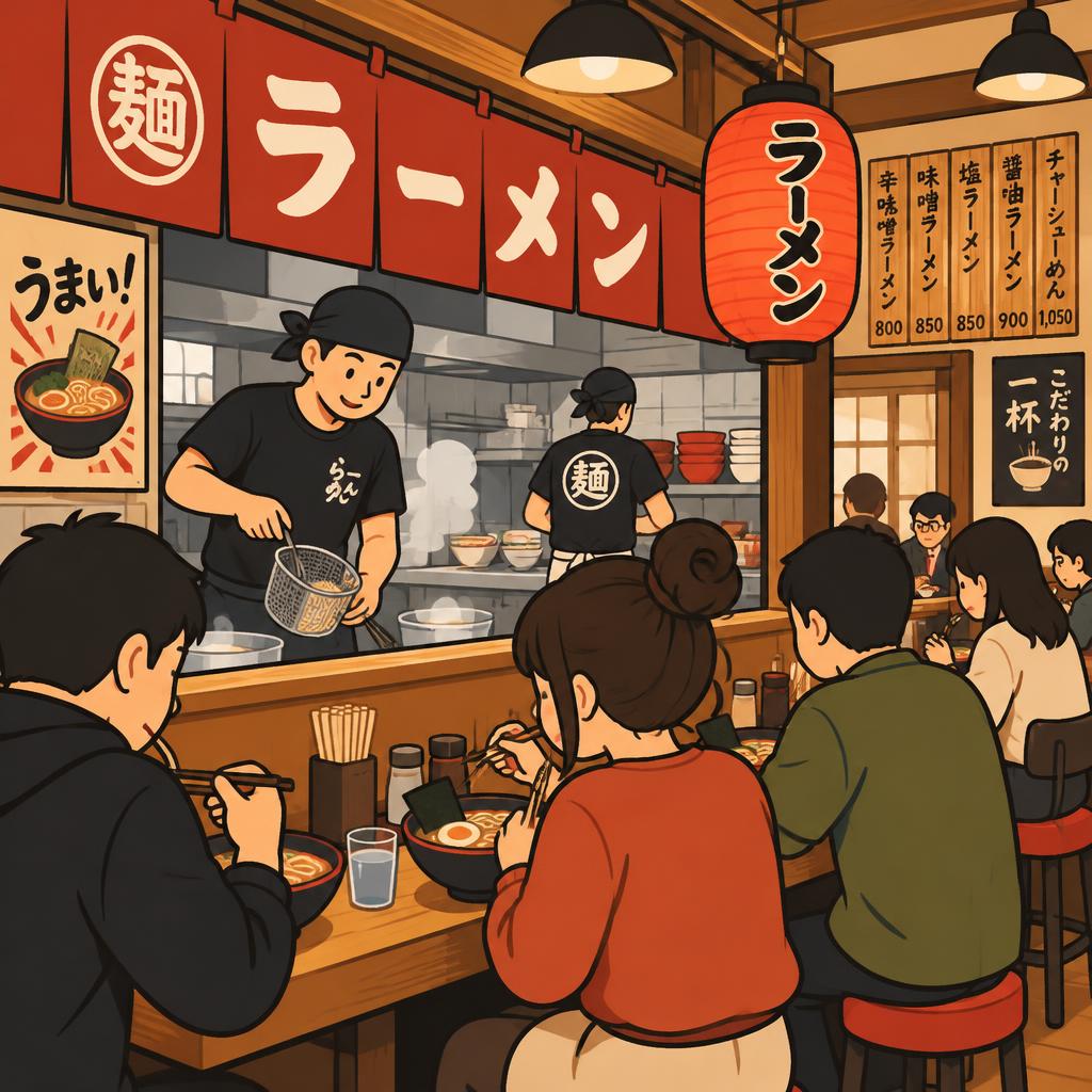 Flat vector illustration of a bustling Japanese ramen shop interior, bold outlines, warm palette