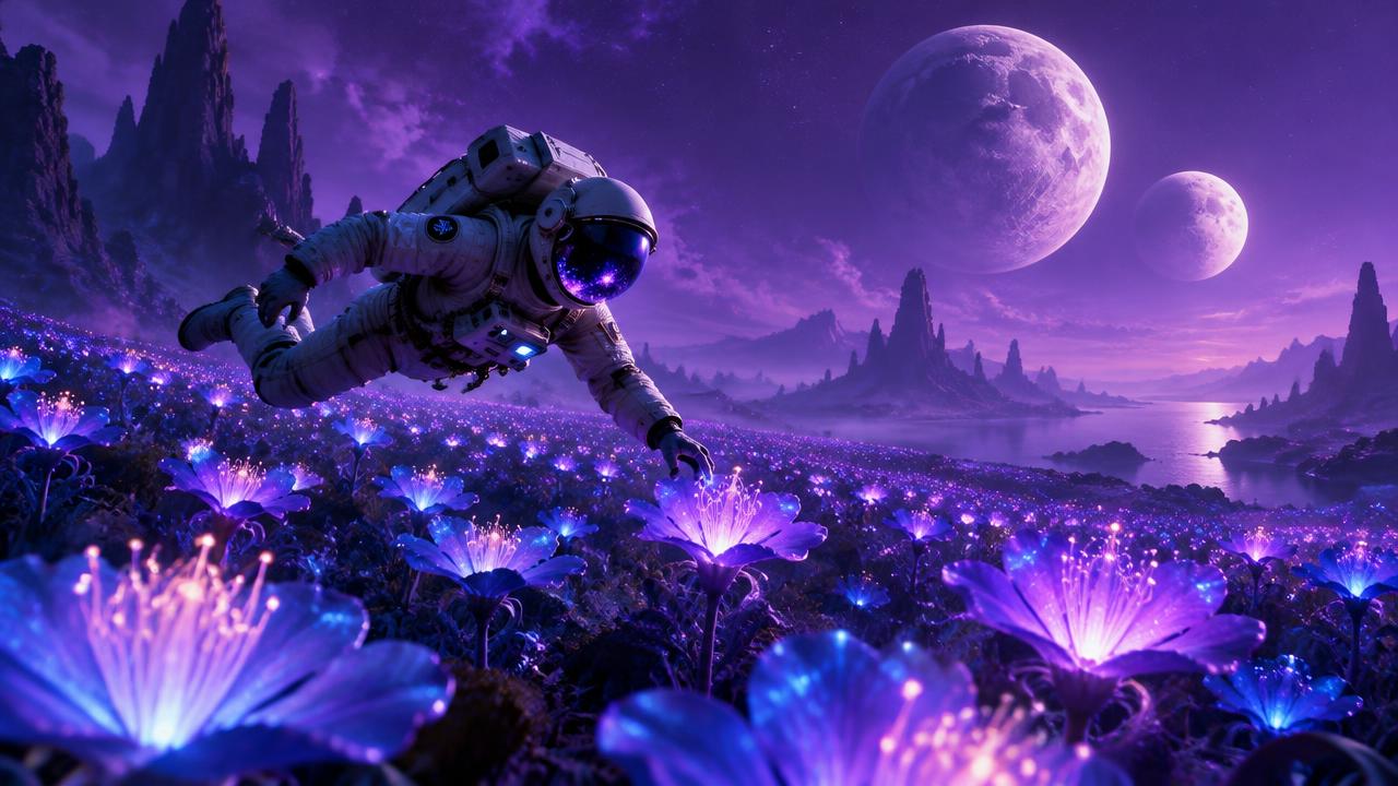 Astronaut floating over glowing bioluminescent flowers on an alien planet, two moons in a purple sky