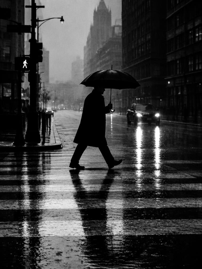 Black and white street photography, silhouette with umbrella crossing a rainy street, high contrast