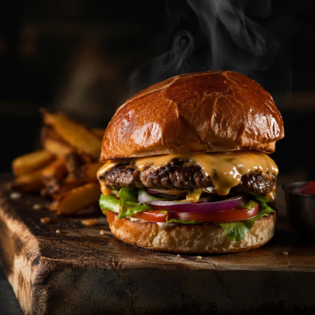 Gourmet burger with melted cheese on a rustic wooden board, steam rising, moody side lighting
