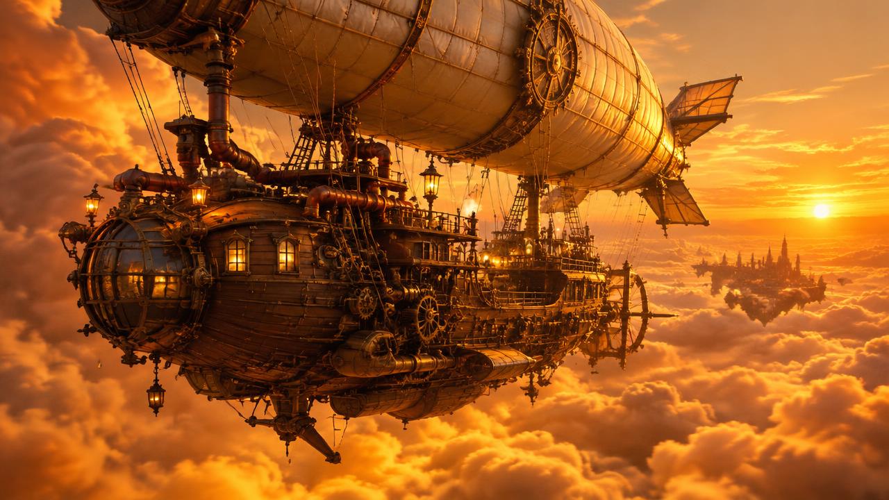 Steampunk airship sailing through golden clouds at sunset, brass gears and copper pipes