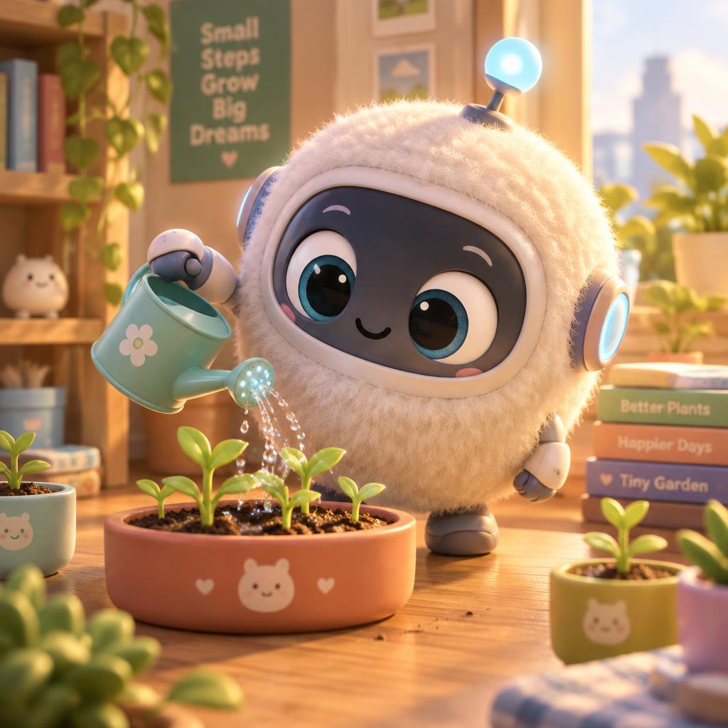 Cute 3D fluffy robot watering tiny plants, soft pastel colors, big expressive eyes, Pixar style