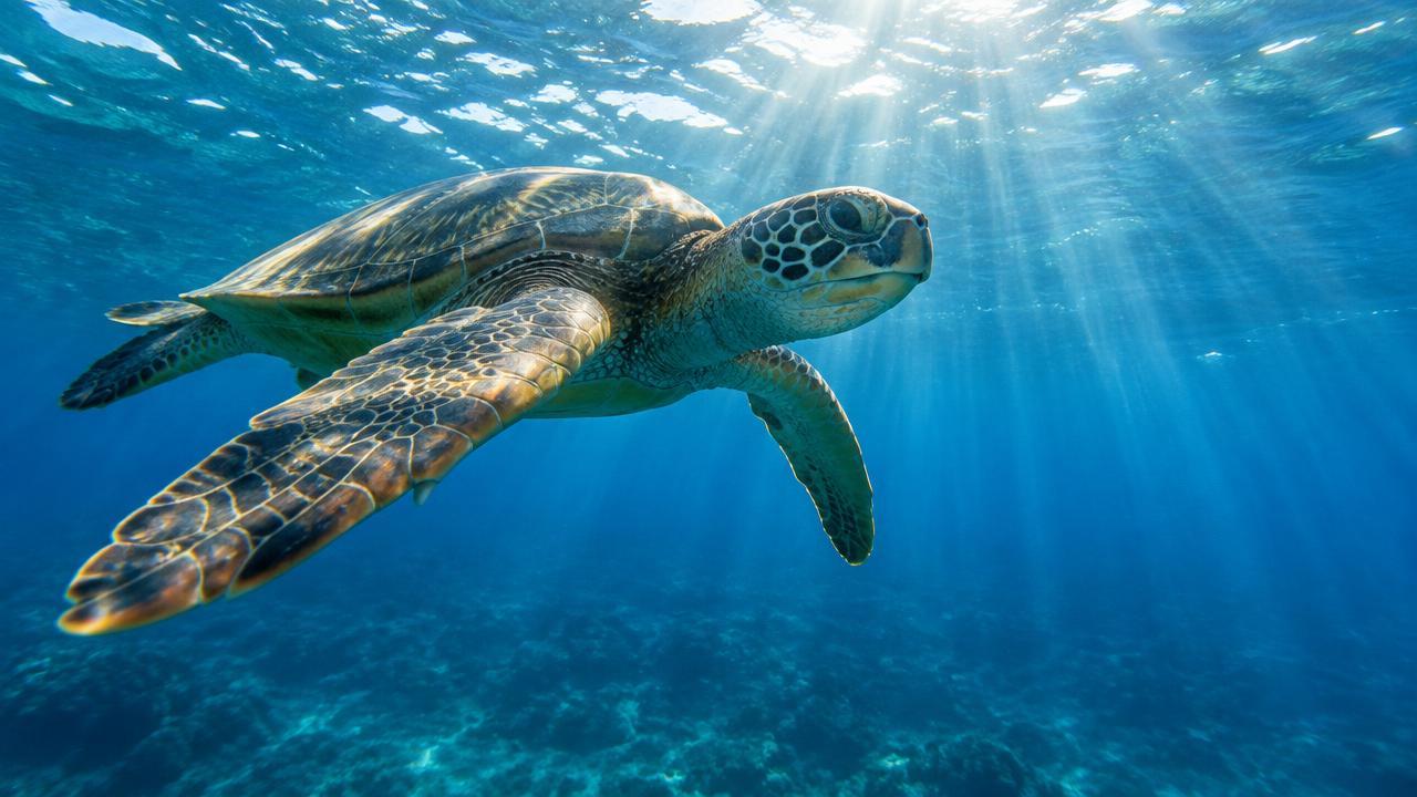 Underwater photo of a sea turtle gliding through sunbeams in crystal blue water