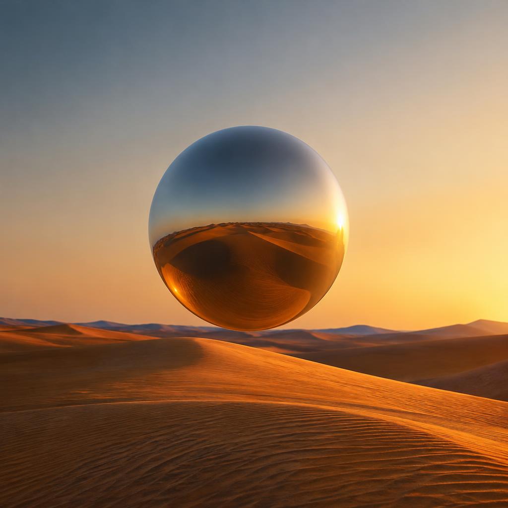 Chrome sphere floating over desert dunes at golden hour