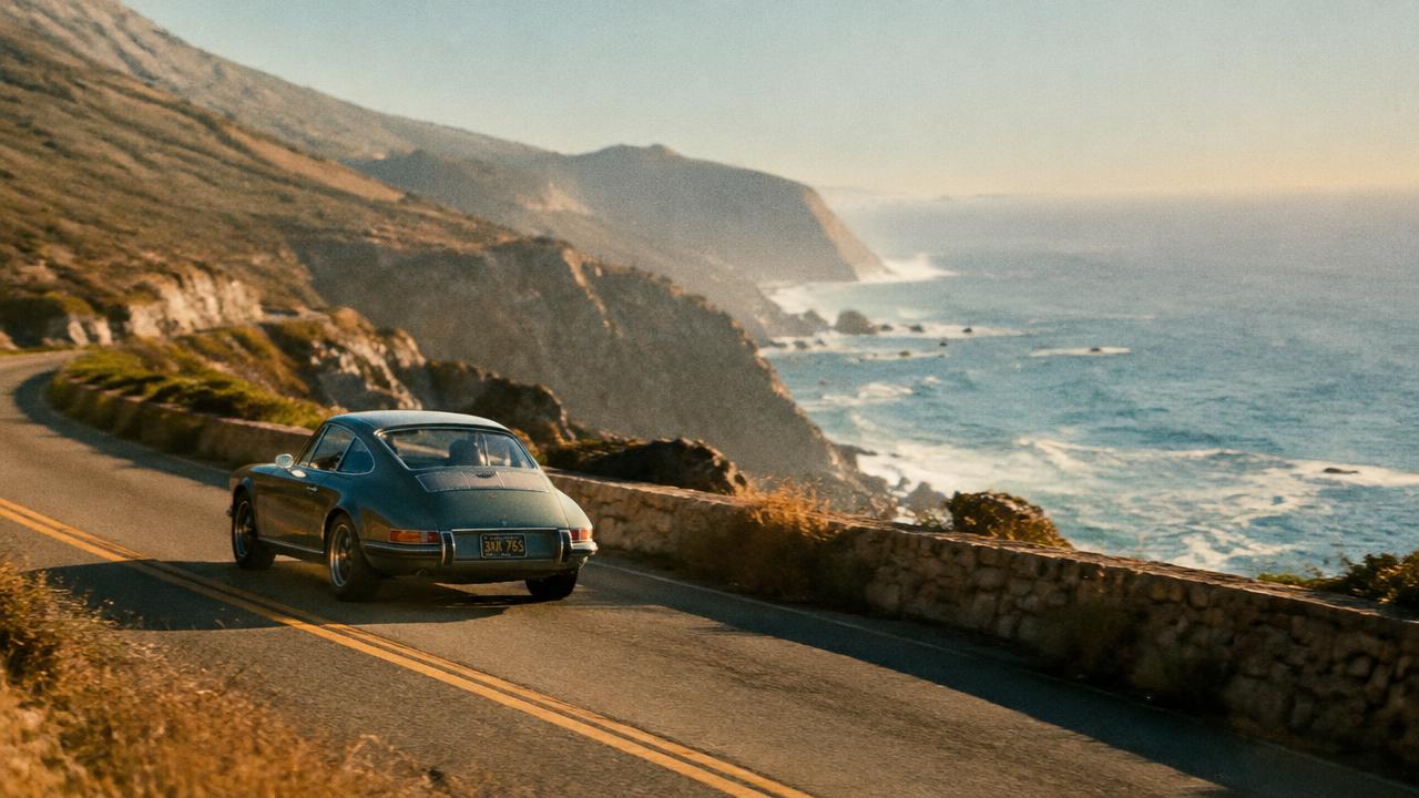 Vintage sports car on a coastal cliff road, warm film grain